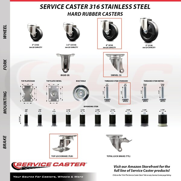 Service Caster 4 Inch 316SS Hard Rubber Wheel Swivel 3/8 Inch Threaded Stem Caster Set Brake SCC-SS316TS20S414-HRS-TLB-381615-4 - main